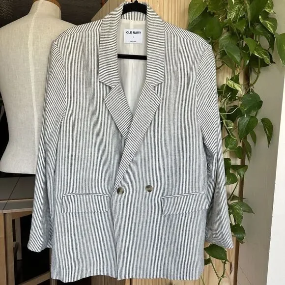 NWT Old Navy Linen Blend Blazer Jacket Large Striped Double Breasted Black White - Picture 2 of 13